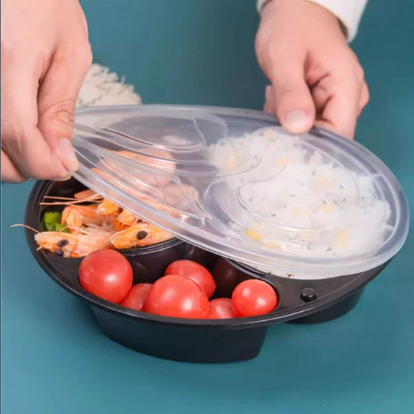 Disposable Meal Box 838 Round Three Grid Black